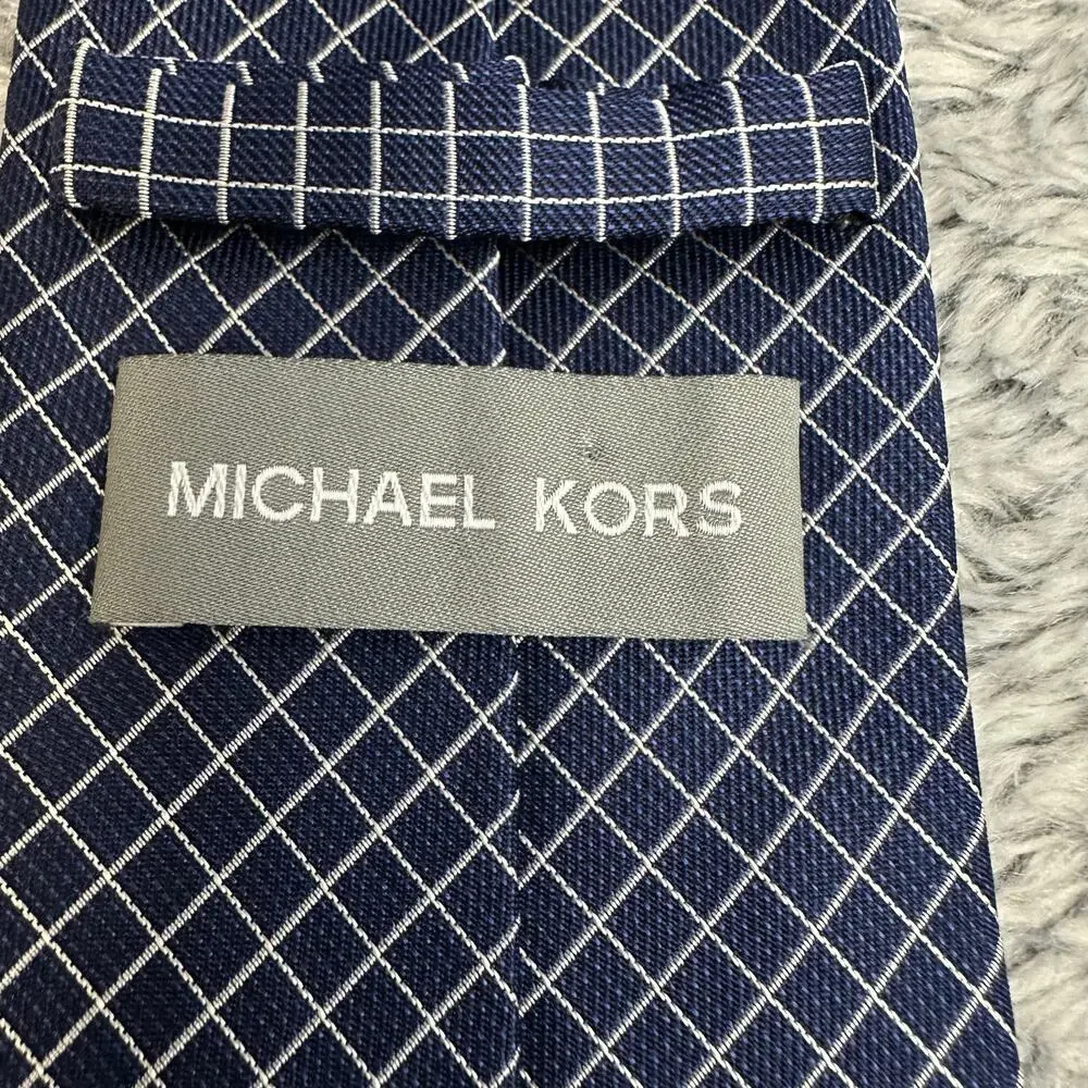 Michael Kors Mini Grid Blue White Silk Neck Tie 100% Silk Formal Work Business